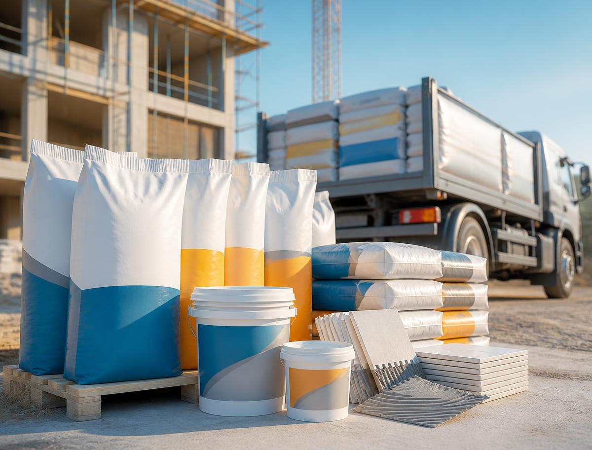 Building material delivery truck with construction materials