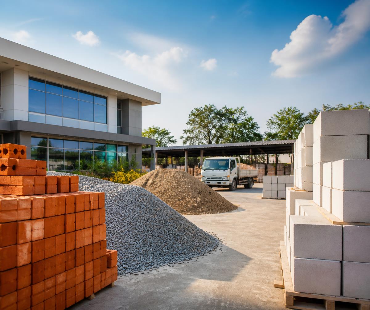 Building material yard with red bricks, AAC blocks and aggregate piles